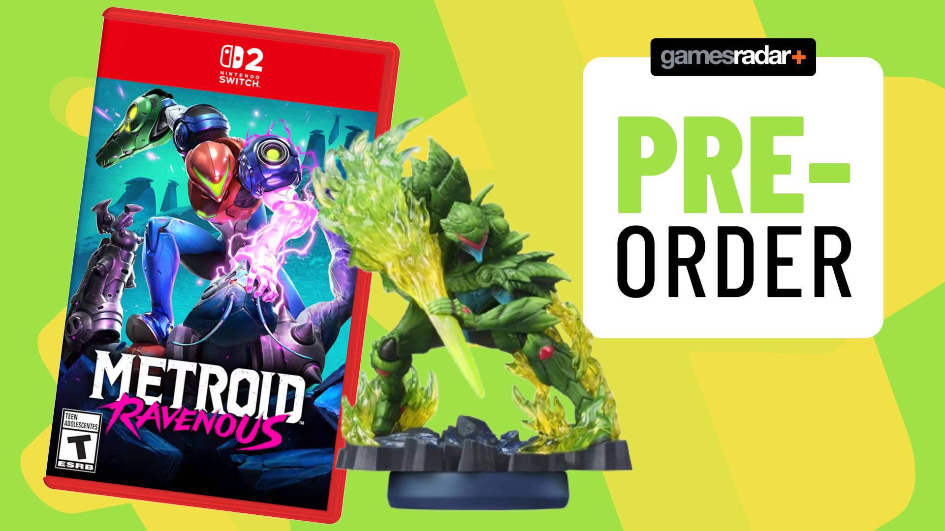 Image of the Metroid Ravenous Switch 2 box and the special edition amiibo on a green GamesRadar+ background.