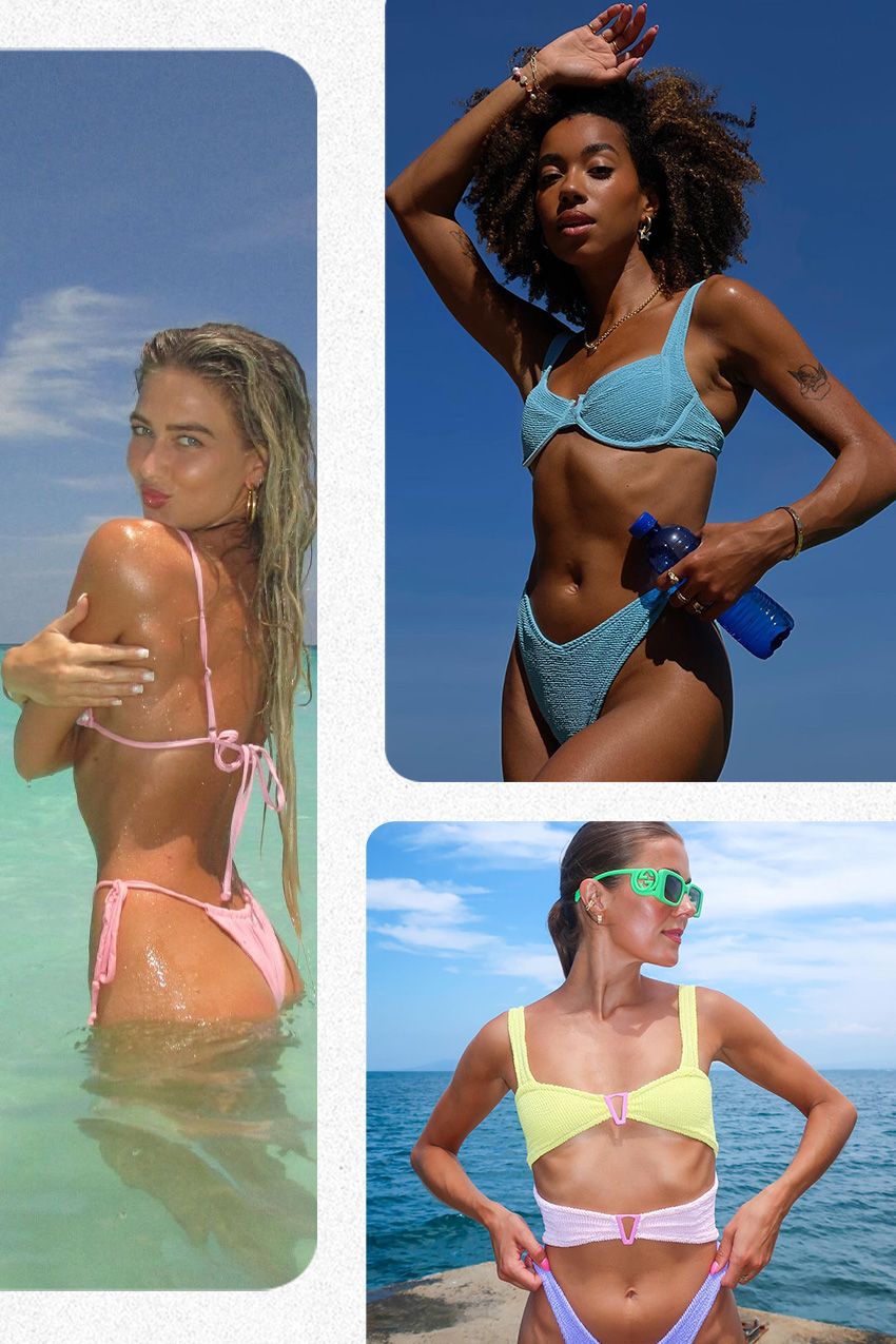 A collage of a woman wearing a pastel pink bikini, a woman wearing a baby blue bikini, and a woman wearing a three-tone pastel bikini by the water.