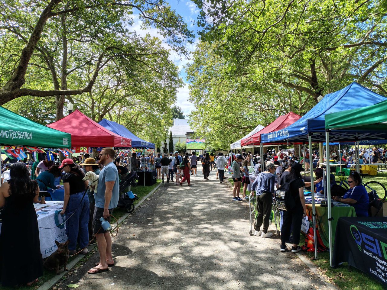 A walkway with tents and people on either side