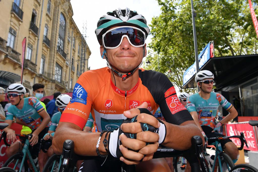 CAP DCOUVERTE FRANCE AUGUST 02 Start Bryan Coquard of France and Team BB Hotels Vital Concept Orange Leader Jersey during the 44th La Route dOccitanie La Depeche du Midi 2020 Stage 2 a 1745km stage from Carcassonne to Cap Dcouverte 344m RouteOccitanie RDO2020 on August 02 2020 in Cap Dcouverte France Photo by Justin SetterfieldGetty Images