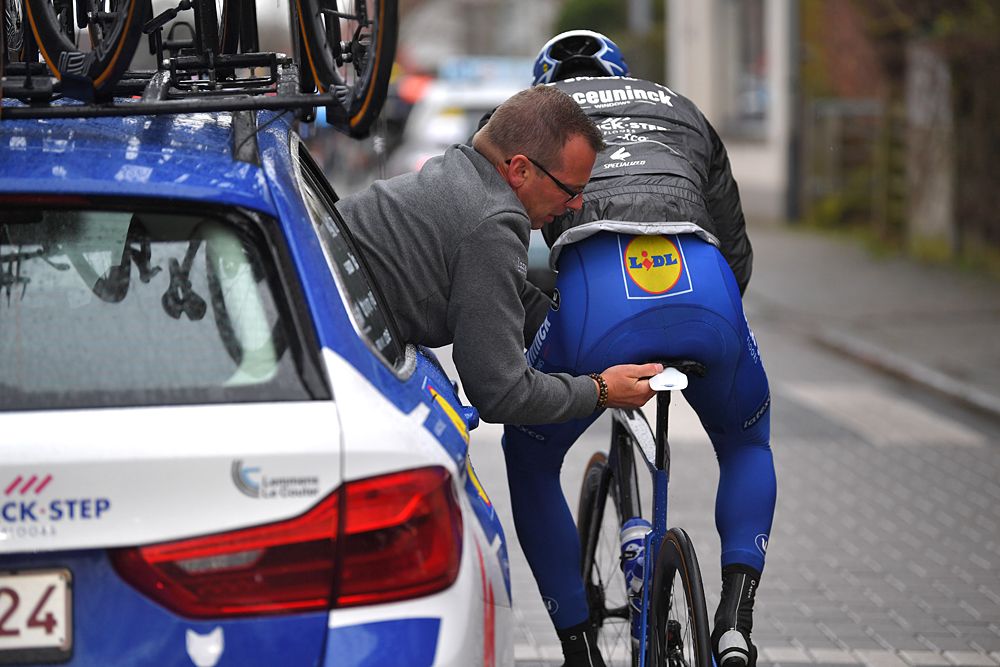 Zdenek Stybar (Deceuninck-QuickStep) gets a seat adjustment during Kuurne-Brussel-Kuurne