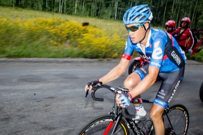 Tom Danielson (Garmin-Sharp) almost to the top of the final climb and working his way into yellow.