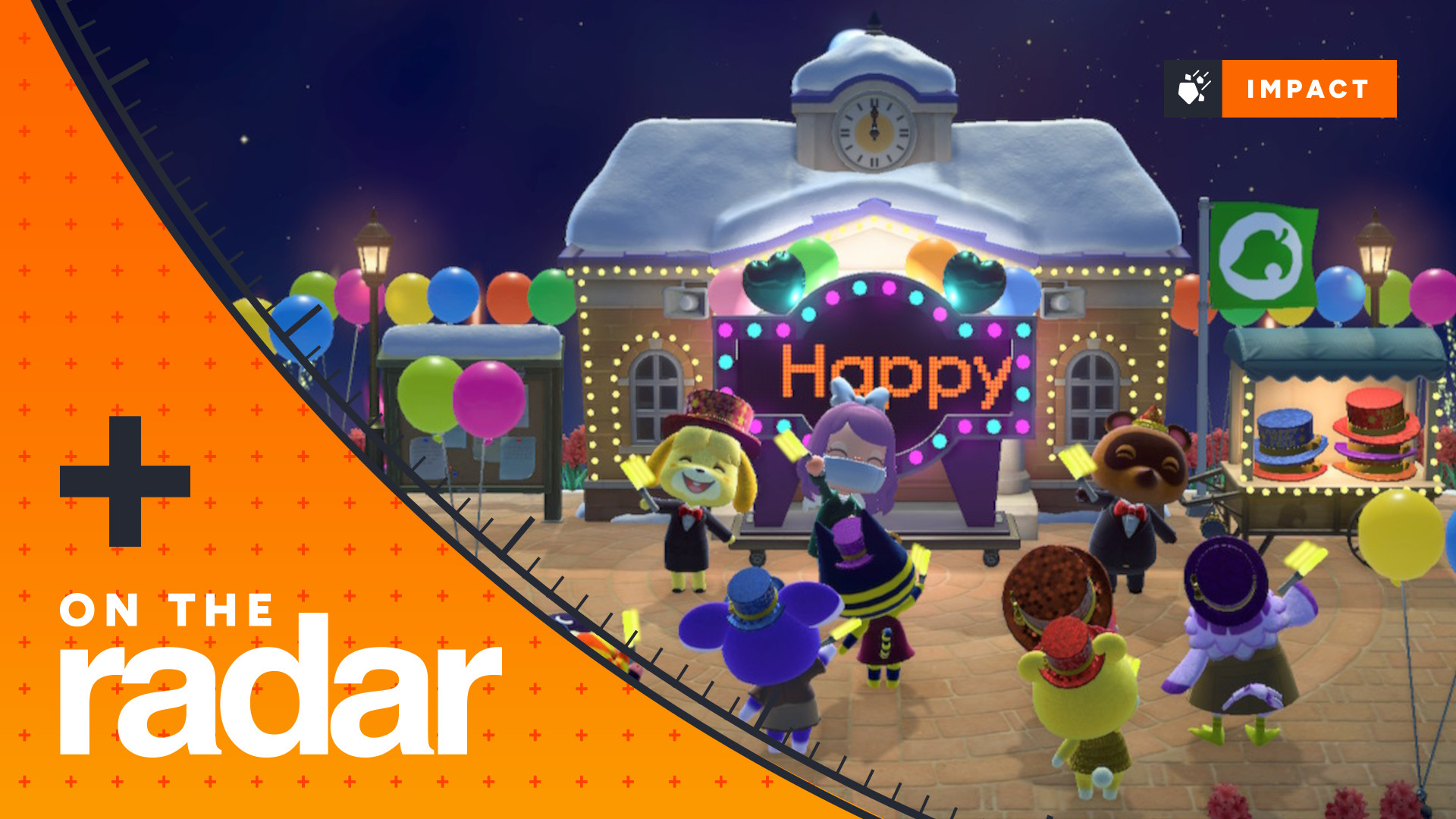 The New Year's Eve countdown in Animal Crossing: New Horizons finishes, with the villager and residents of the island gathering in the plaza to celebrate - presented with the GamesRadar+ On The Radar frame