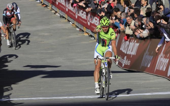 Moreno Moser (Cannondale) crosses the line in Strade Bianche
