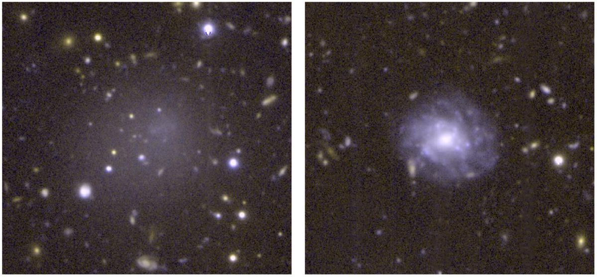 DGSAT I (left) is an ultra-diffuse galaxy that doesn’t have a lot of stars like normal spiral galaxies (right).