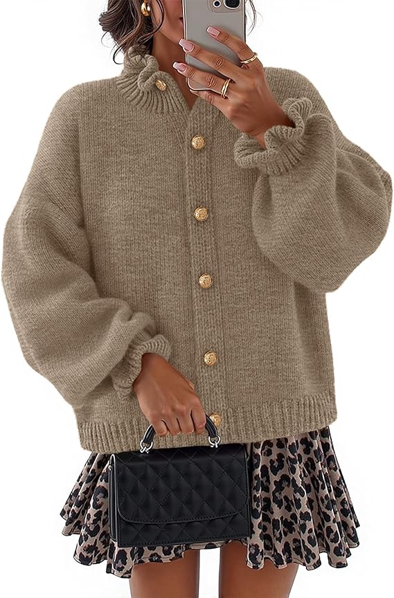 MEROKEETY, Merokeety Women&#039;s Fall 2025 Chunky Cardigan Sweaters Trendy Ruffle Button Down Long Sleeve Casual Knit Coat Winter Clothes, Camel, Medium