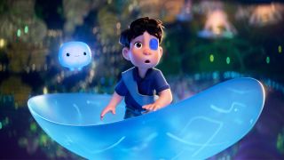 Elio gasping with Ooooo on a blue floating vehicle