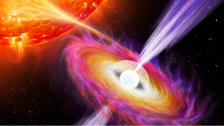 An illustration of a white orb surrounded by warm-toned, bright hazes in a disk shape. There are jets protruding from the orb. On the left of the image, a giant yellow and red star is seen stealing some of that disk material.