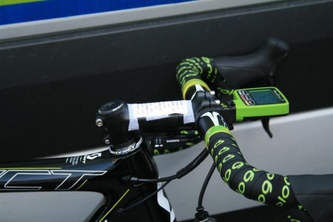 Race leader Adam Yates (Orica-GreenEdge) stem marked with his rival&rsquo;s position on GC. All the team&rsquo;s bikes carried it on the penultimate stage