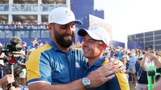 Jon Rahm (left) and Rory McIlroy embrace after Team Europe win the 2023 Ryder Cup at Marco Simone