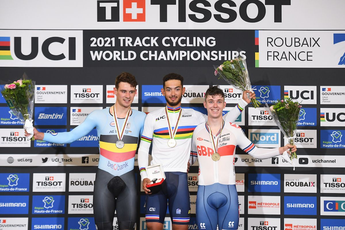 Picture by Simon Wilkinson/SWpix.com - 21/10/2021 - Cycling - Tissot 2021 UCI Track Cycling World Championships - Men&acirc;s Scratch Race - Stab Velodrome, Roubaix, France - Donavan Grondin of France (Gold), Tuur Dens of Belgium (Silver) and Rhys Britton of Great Britain (Bronze) on the Men&acirc;s Scratch Race podium