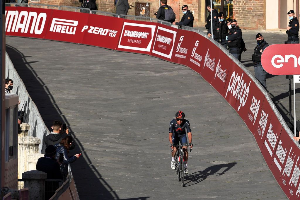 SIENA ITALY MARCH 06 Arrival Egan Arley Bernal Gomez of Colombia and Team INEOS Grenadiers during the Eroica 15th Strade Bianche 2021 Mens Elite a 184km race from Siena to Siena Piazza del Campo StradeBianche on March 06 2021 in Siena Italy Photo by Tim de WaeleGetty Images