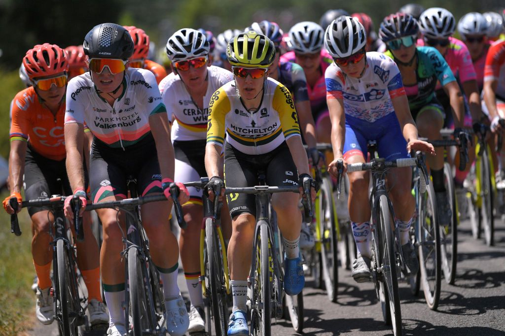 SIENA ITALY AUGUST 01 Marianne Vos of The Netherlands and Team CCCLiv Elizabeth ArmisteadDeignan of The United Kingdom and Team TrekSegafredo Women Demi Vollering of The Netherlands and Team Parkhotel Valkenburg Lisa Brennauer of Germany and Ceratizit WNT Pro Cycling Team Amanda Spratt of Australia and Team Mitchelton Scott Cecilie Uttrup Ludwig of Denmark and Team FDJ NouvelleAquitaine Futuroscope Peloton during the Eroica 6th Strade Bianche 2020 Women Elite a 136km race from Siena to Siena Piazza del Campo StradeBianche on August 01 2020 in Siena Italy Photo by Luc ClaessenGetty Images