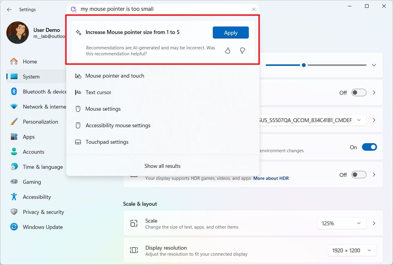 Settings app with AI agent