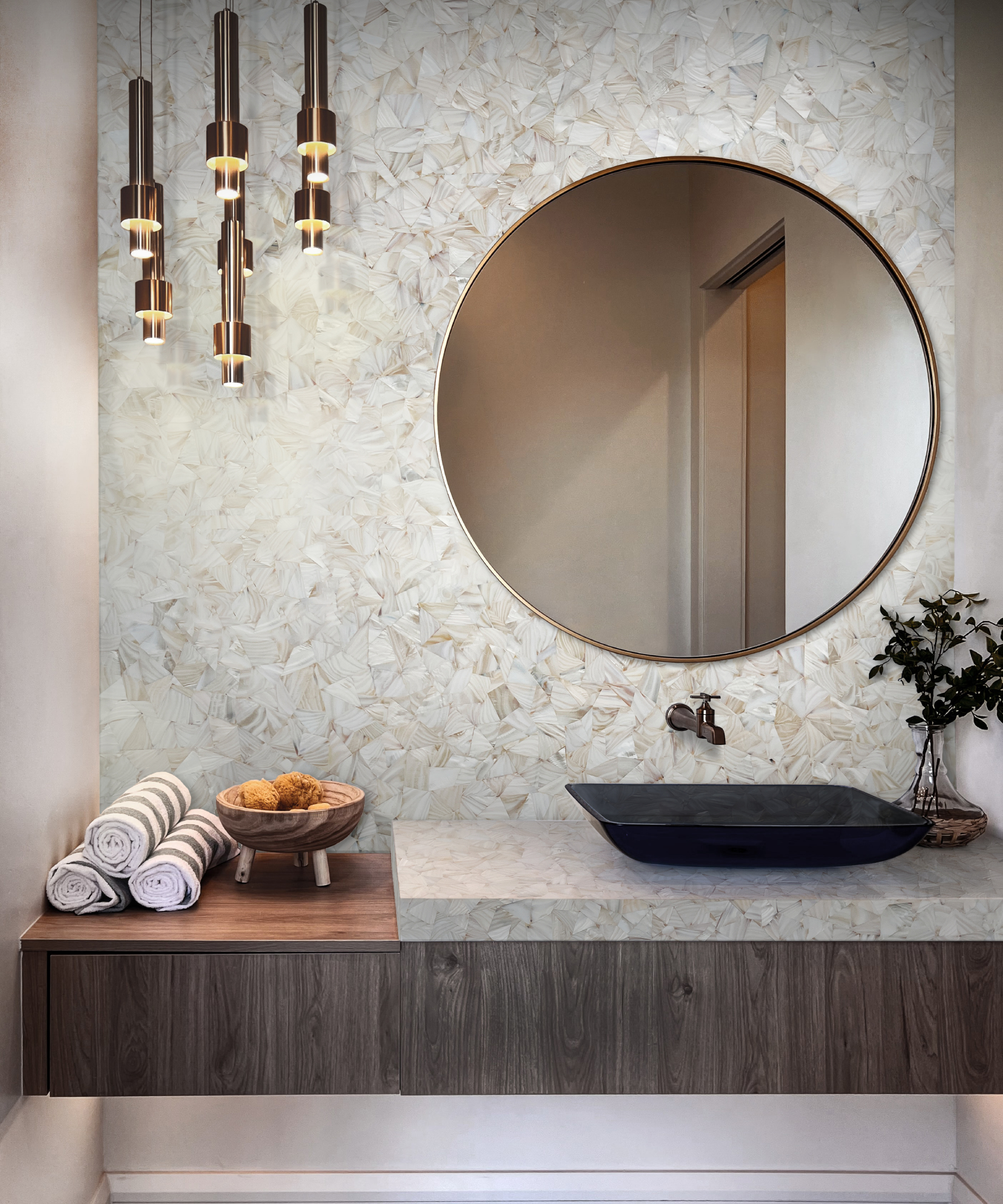 bathroom with wall mounted shelf vanity, stone panelled wall, pendant lighting and large mirror