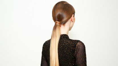 model with long sleek blonde ponytail