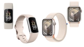 Fitbit Charge 6 next to Apple Watch Series 9 next to each other in cream colourway