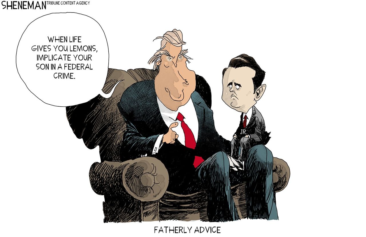 Political cartoon U.S. Trump Don Jr. federal crime fatherly advice Russia investigation collusion