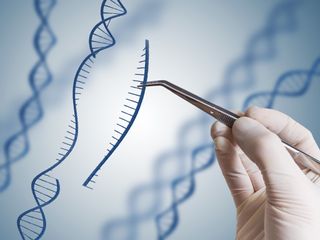 illustration of gloved hand using tweezers to edit DNA