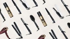 A selection of ghd products in a diagonal pattern on a beige background