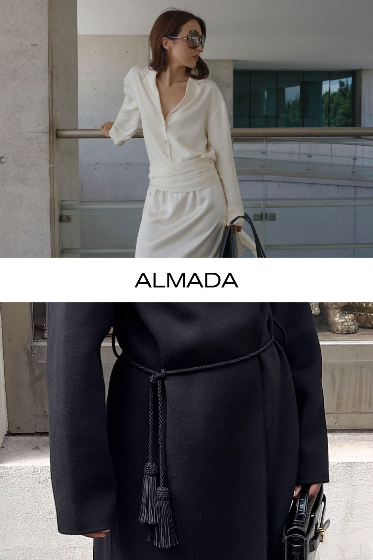 Woman wears cream top, cream belt and cream skirt; woman wears black coat with fringe belt