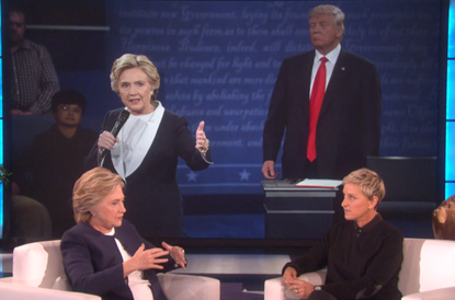 Hillary Clinton speaks about the behavior of Donald Trump at the second presidential debate. 