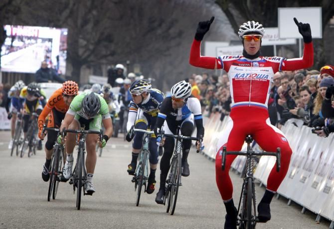 Rudiger Selig (Katusha) celebrates as he crosses the finish line at the Volta Limburg Classic
