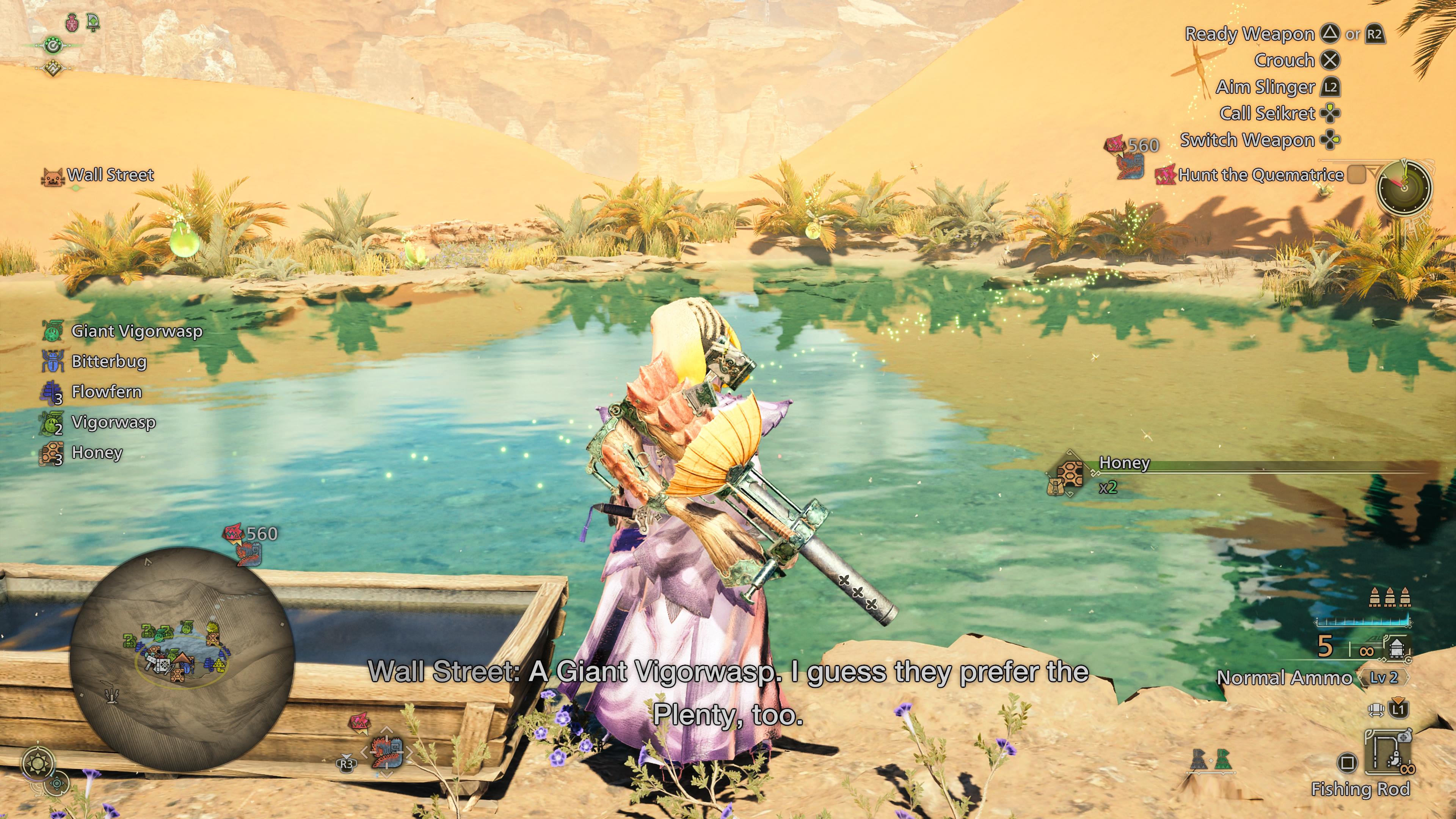 A hunter stands at a bright desert Oasis