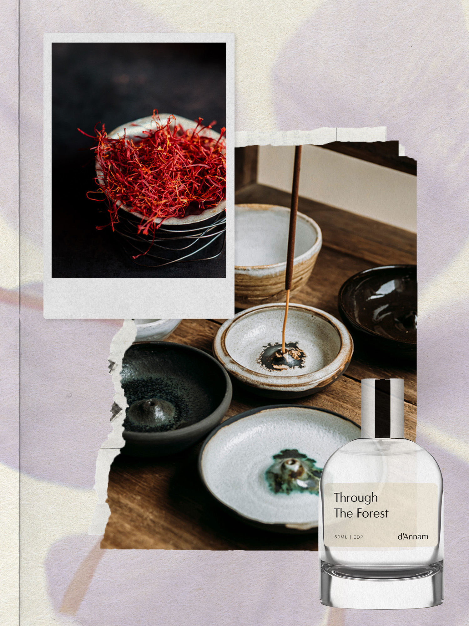 A collage of saffron, an overhead shot of incense burning in a ceramic holder, and a bottle of the d'Annam Through the Forest perfume.