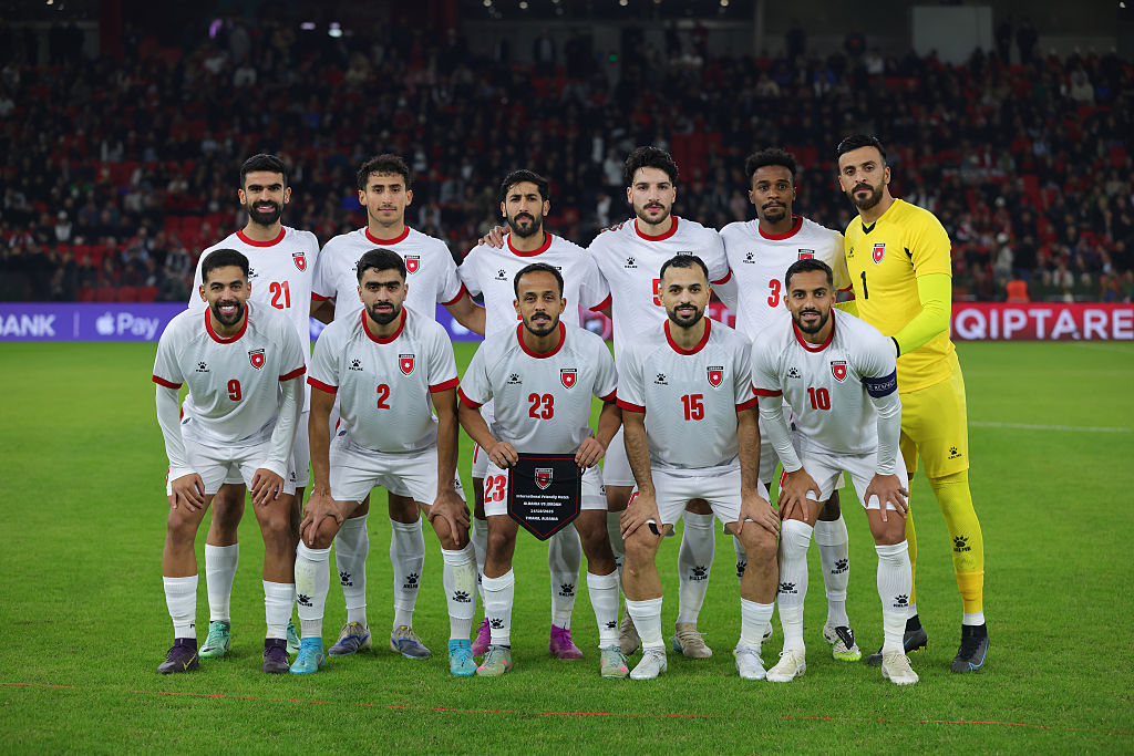 Jordan World Cup 2026 squad: Jordan&#039;s National soccer team players line up prior to International friendly soccer match between Albania and Jordan at Air Albania Stadium on October 14, 2025 in Tirana, Albania.