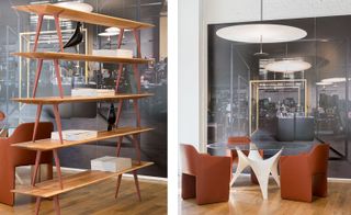 Left: Benchmark's 'OVO' shelving unit in elm wood. Right: the ‘Dot’ hanging lamp hanging above Molteni & C's 'Arc' table