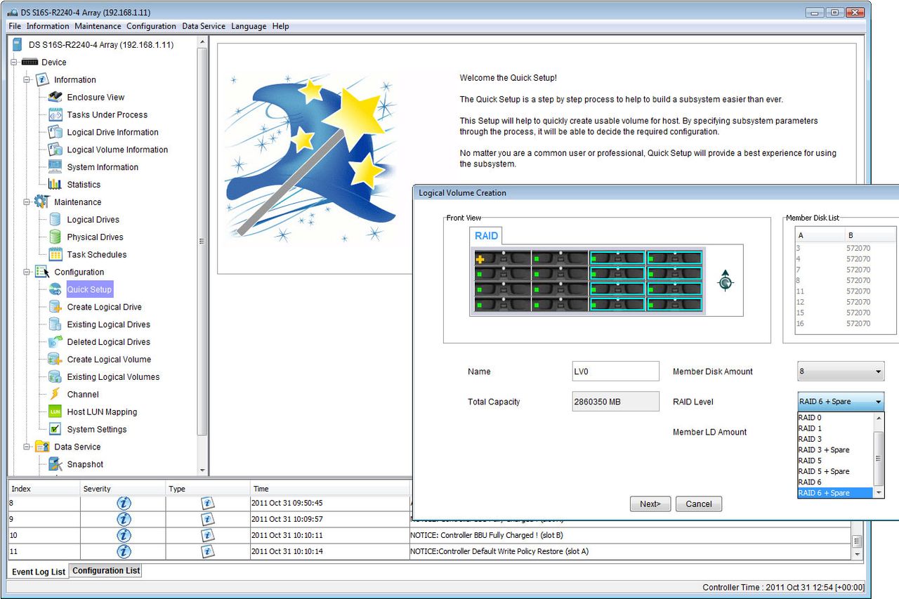 The Storage Manager interface is well designed and provides a quick start wizard to help sort out your logical drives, volume