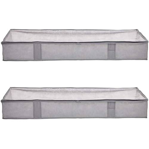 Amazon Basics Under Bed Fabric Zipper Blanket Storage Container Bags With Window and Handles, 2-Pack, 18 X 42 X 6 Inches, Gray