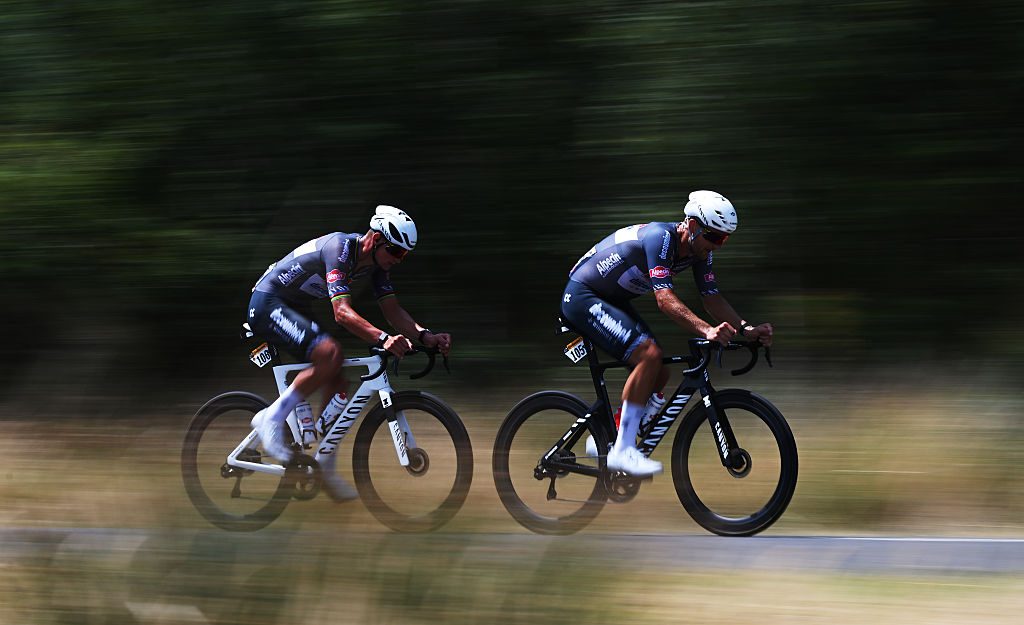 CHATEAUROUX, FRANCE - JULY 13: (L-R) Mathieu van der Poel of Netherlands and Jonas Rickaert of Belgium and Team Alpecin - Deceuninck compete in the breakaway during the 112th Tour de France 2025, Stage 9 a 174.1km stage from Chinon to Chateauroux ) / #UCIWT / on July 13, 2025 in Chateauroux, France.
