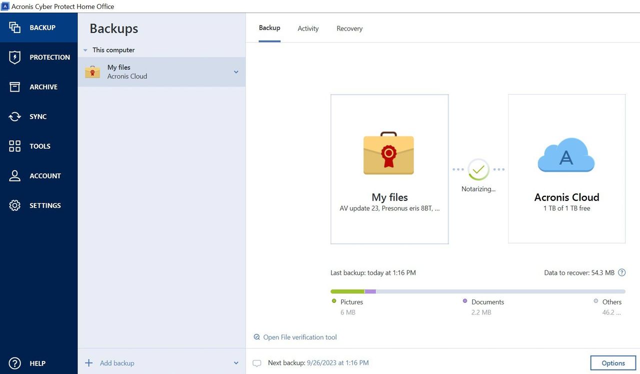 Acronis Cyber Protect Home Office app screen shot