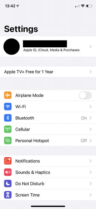 Screenshot of iOS settings