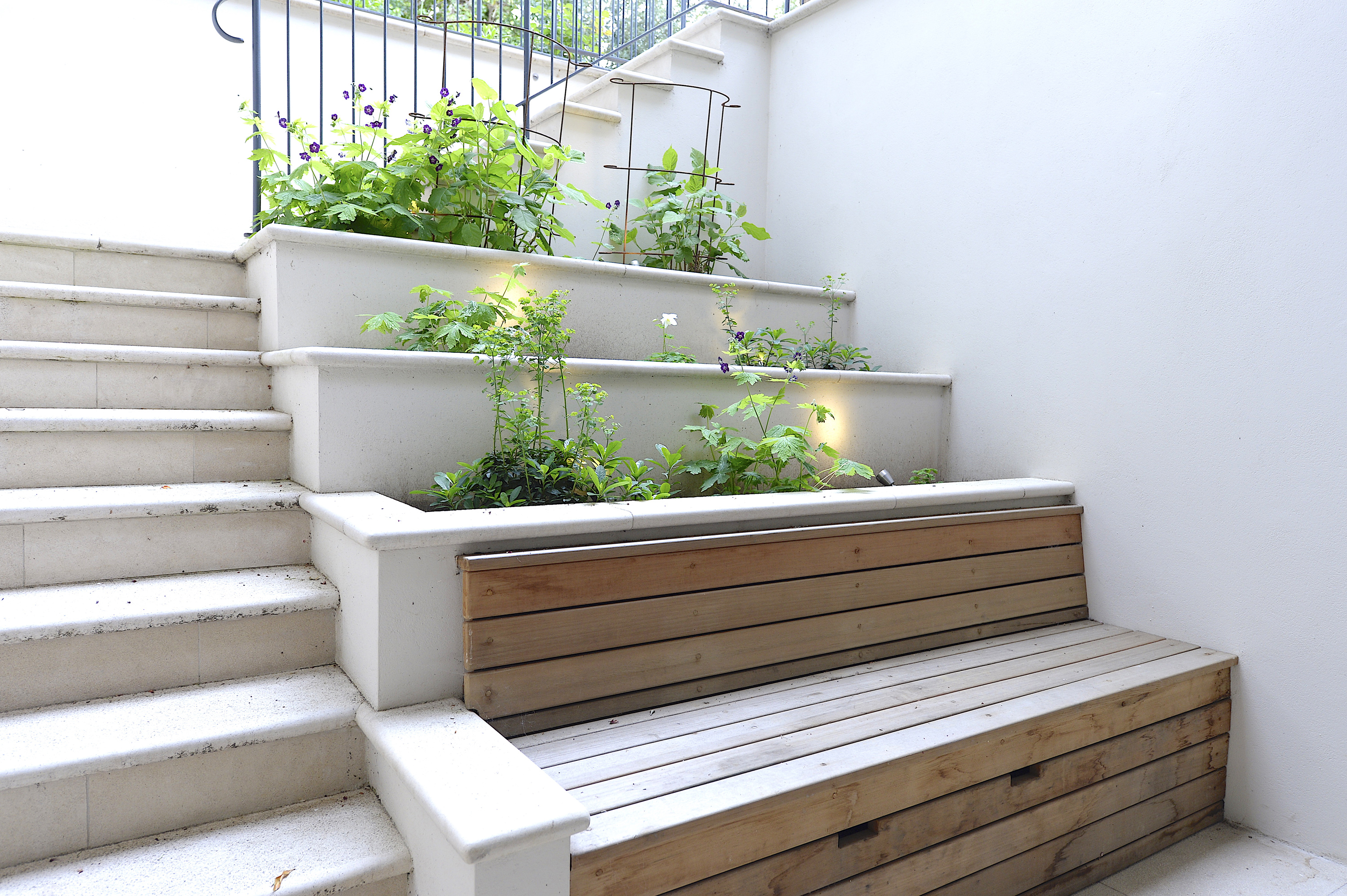 stone steps with a built-in bench at the bottom