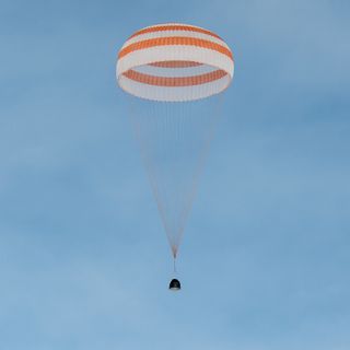 The Soyuz TMA-18M spacecraft is seen as it lands with Expedition 46 Commander Scott Kelly of NASA and Russian cosmonauts Mikhail Kornienko and Sergey Volkov of Roscosmos near the town of Zhezkazgan, Kazakhstan on Wednesday, March 2, 2016 (Kazakh time).