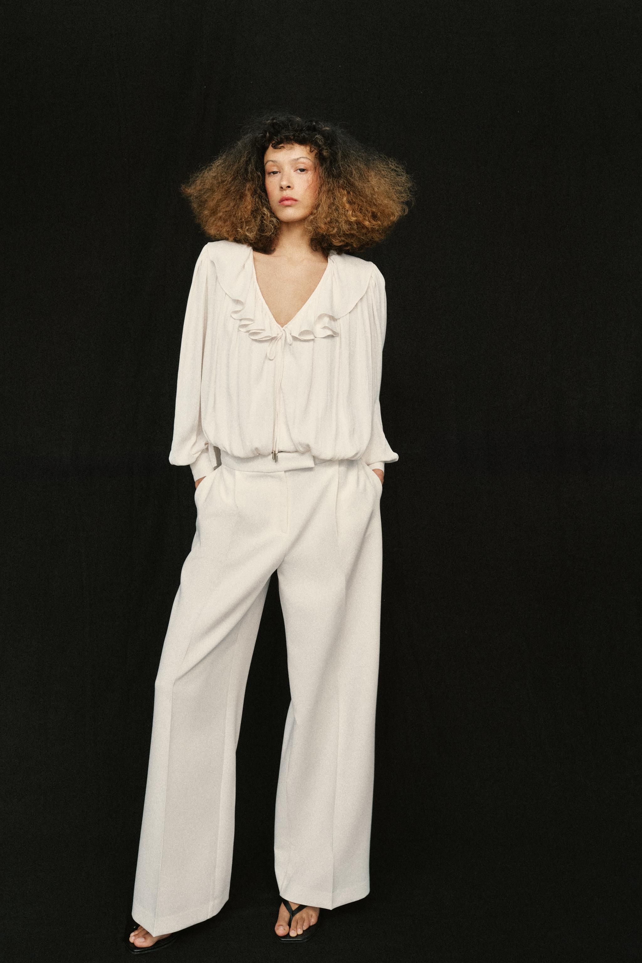 Satin Effect Blouse With Ruffles and Shoulder Pads
