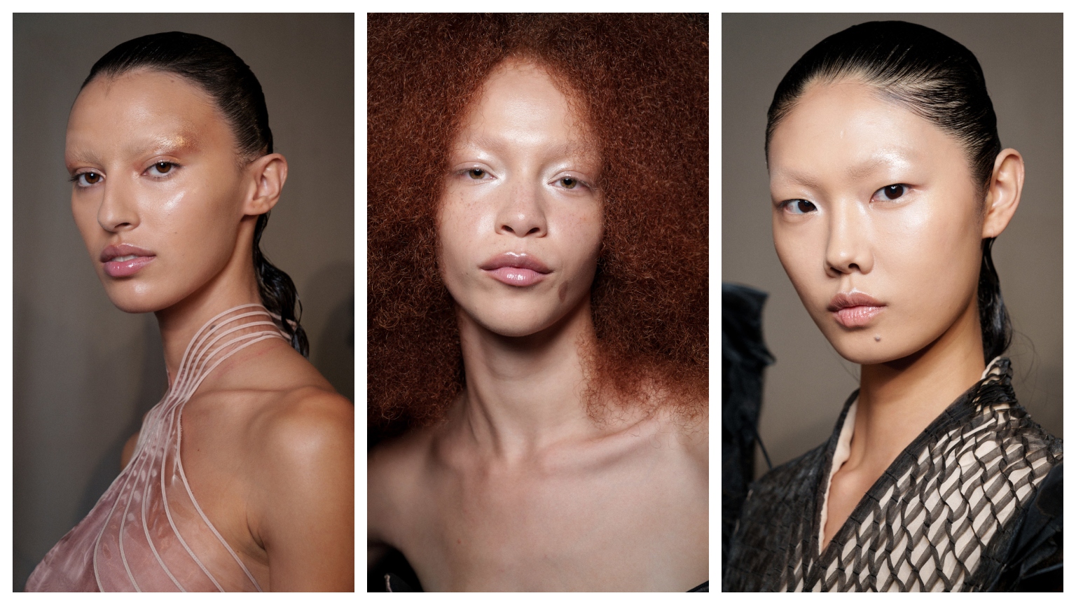 three models with dewy skin at couture week, in a grid pattern