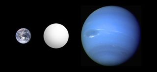 A size comparison of Earth, a larger super-Earth and Neptune.