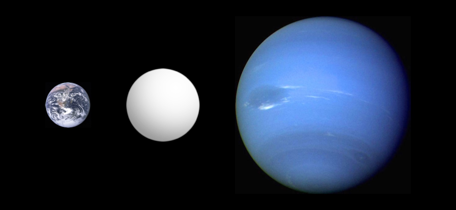 A size comparison of Earth, a larger super-Earth and Neptune.