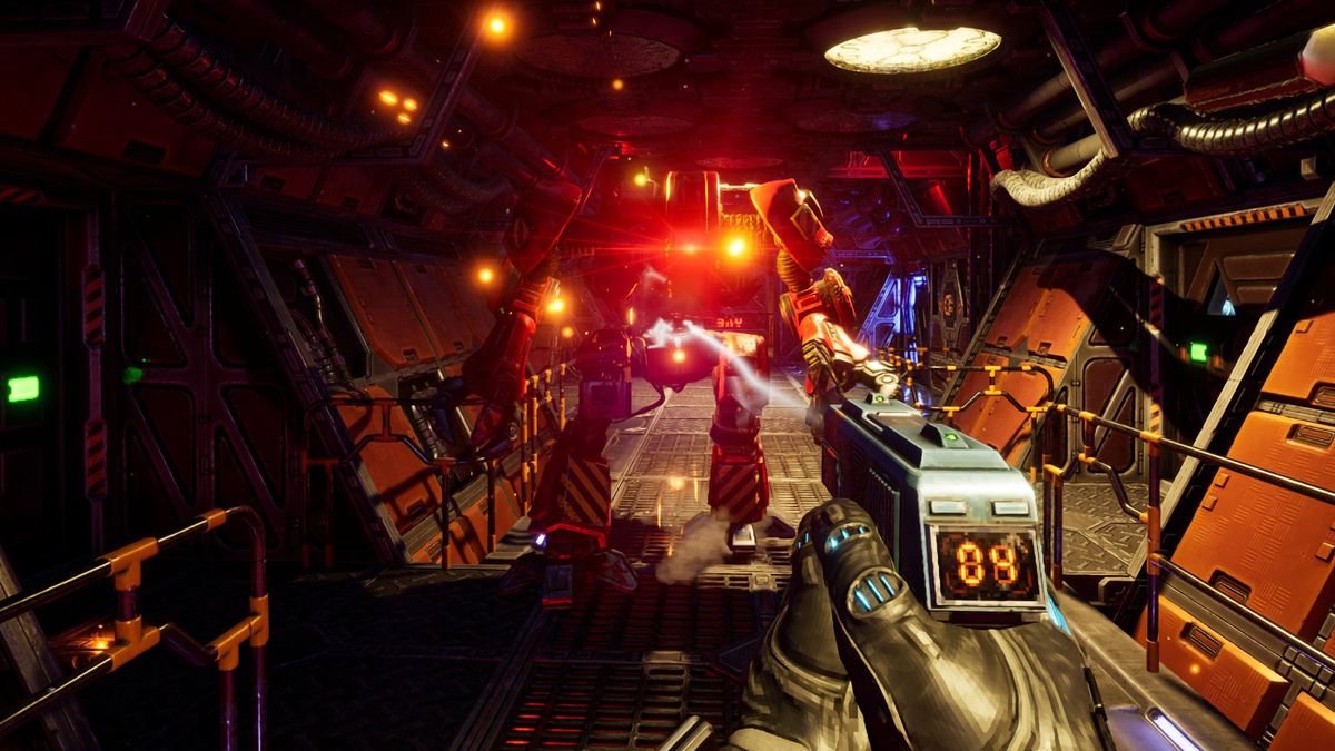 System Shock remake - facing down a mech with a pistol