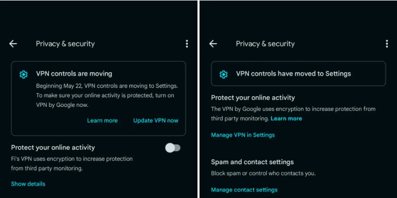 Screenshot of VPN Settings in the Google Fi app on a Pixel phone