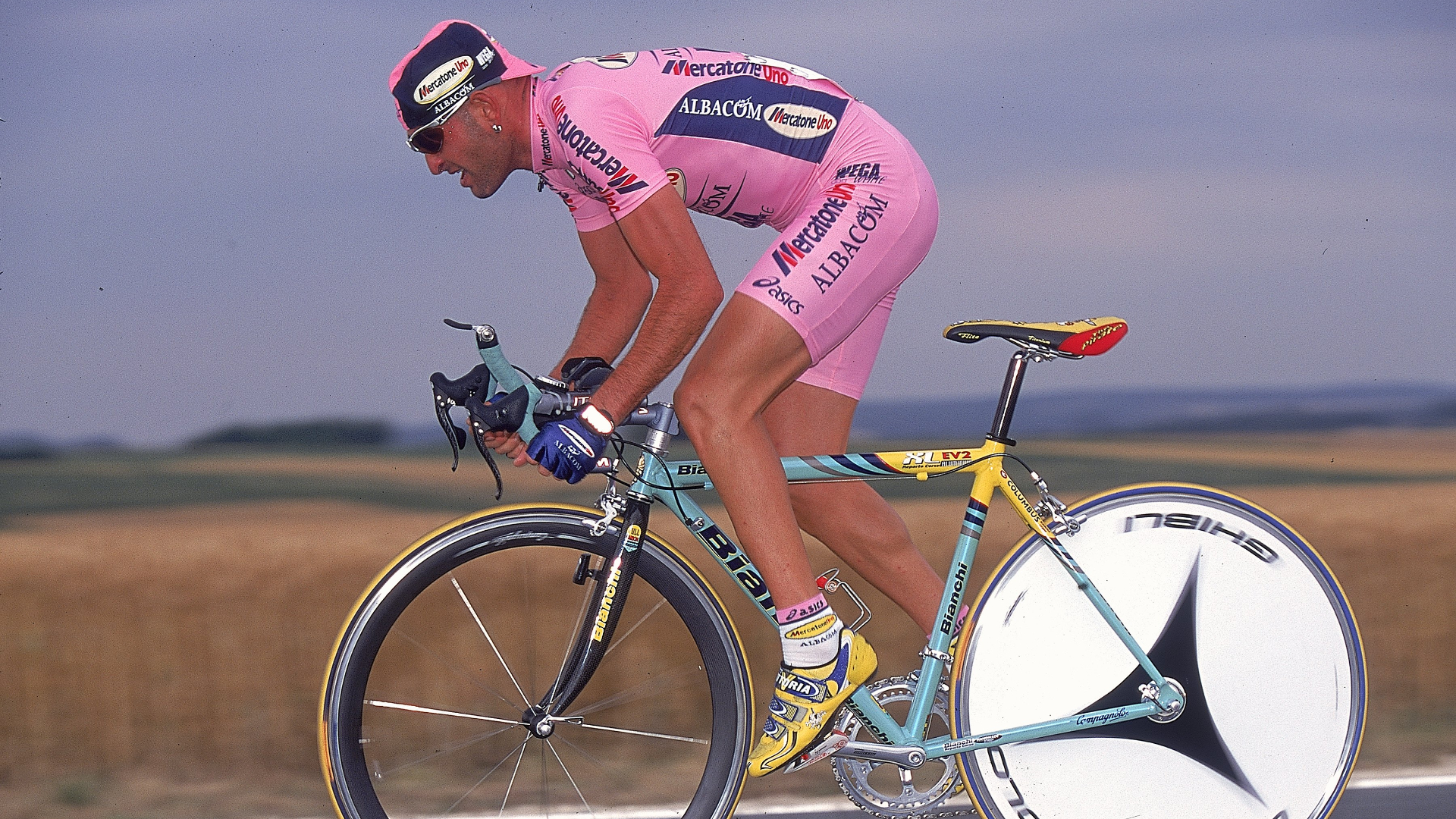 Marco Pantani riding a Bianchi road bike with a Selle Italia Flite saddle
