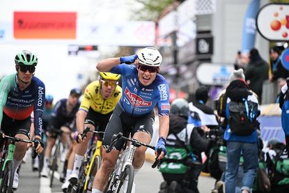 Belgian Jasper Philipsen of Alpecin-Premier Tech celebrates after winning the men elite 'Middelkerke-Wevelgem - In Flanders Fields' one day cycling race, 240.8 km from Middelkerke to Wevelgem, on Sunday 29 March 2026. BELGA PHOTO ELIAS ROM (Photo by ELIAS ROM / BELGA MAG / Belga via AFP)
