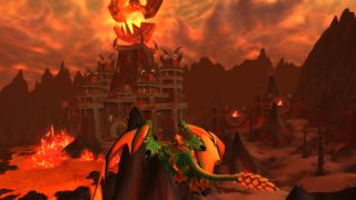 WoW cataclysm hyjal or vashj'ir - a player is flying on a dragon close to the firelands raid in a lake of lava