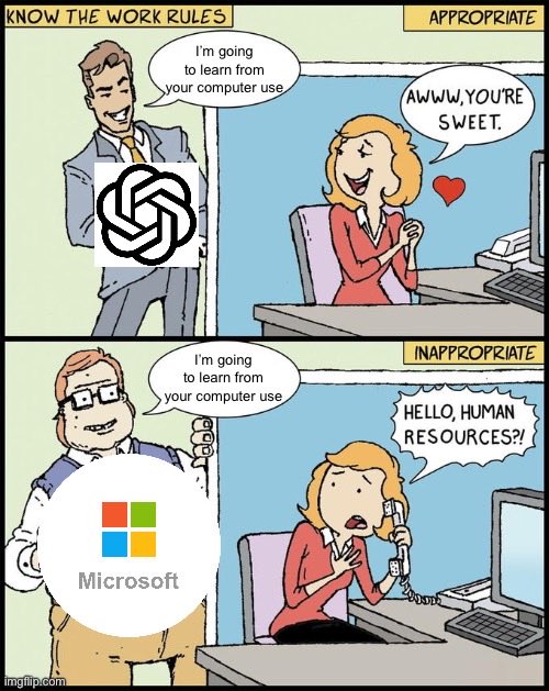 Meme work rules comic showing ChatGPT being treated nicely for the same thing that Microsoft is treated harshly.