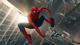 Spider-Man (Tom Holland) swinging through the sky in a still from "Spider-Man: Brand New Day"