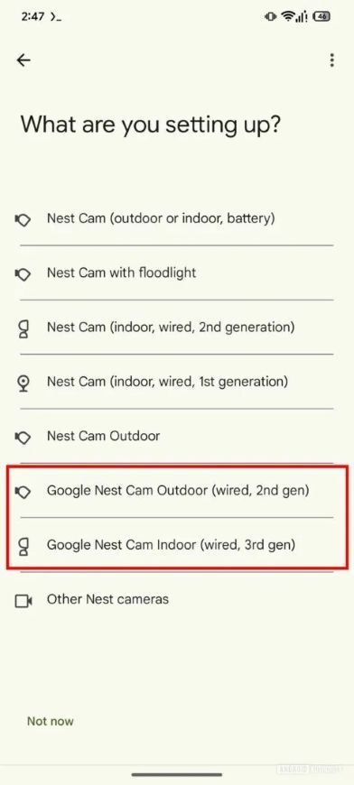 setup options in the Google Home app showing the next-gen Nest Cam and Nest Doorbell